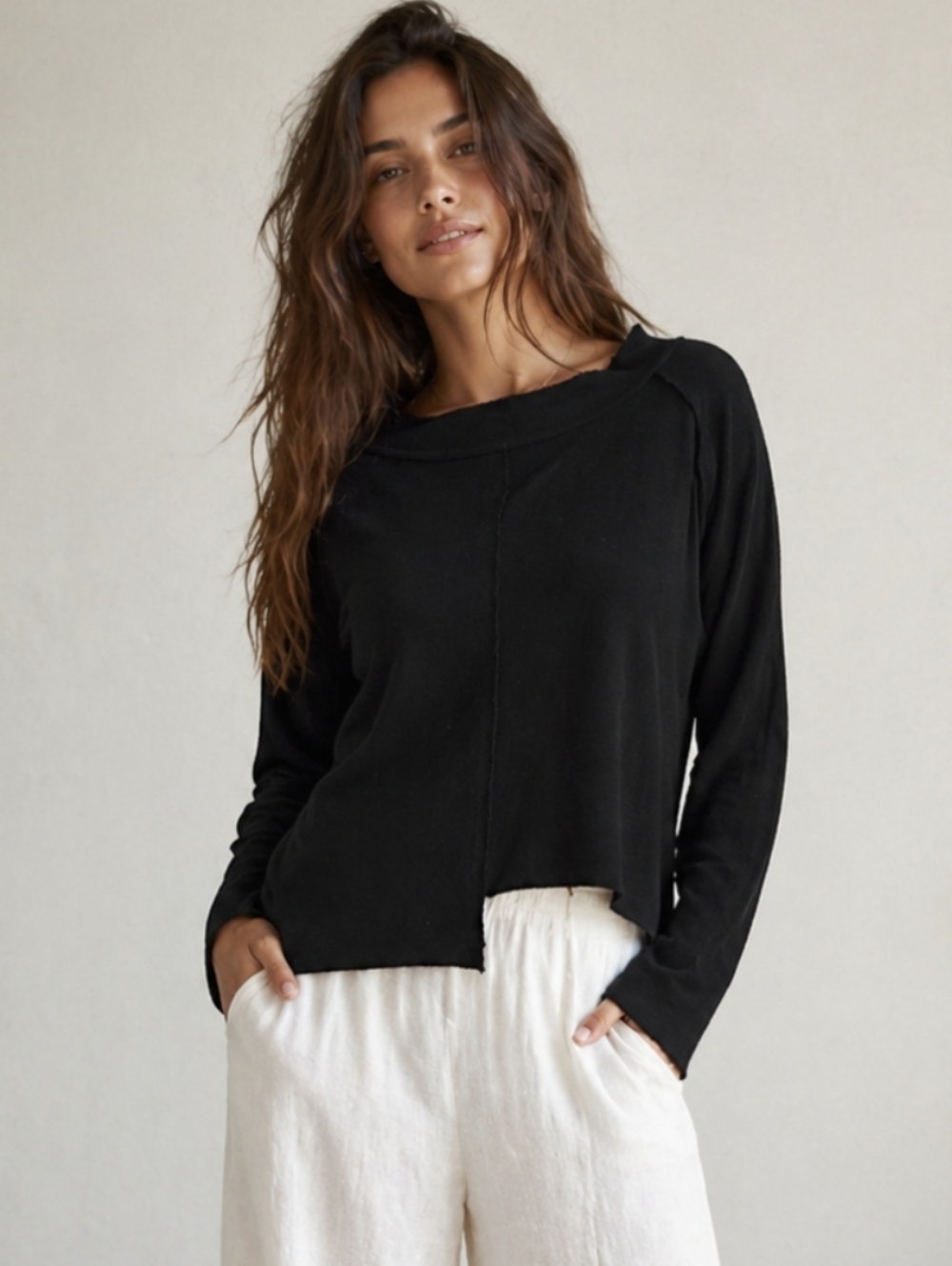 Tina Stephens Whitney Top Black Asymmetrical Terry Boxy Boho Made In Italy O/S